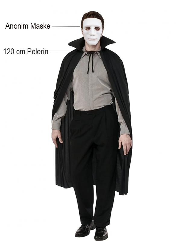 Siyah Renk Yakalı 120 Cm Pelerin Ve Beyaz Anonim Maske… Siyah Renk Yakalı 120 Cm Pelerin Ve Beyaz Anonim Maske…