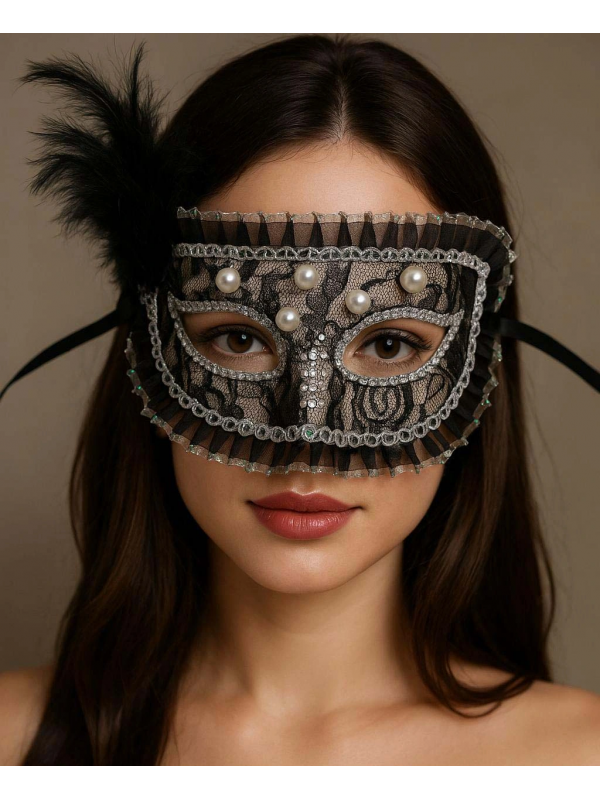 Siyah Renk Yandan Tüylü İnci İşlemeli Taşlı Dantelli Parti Maskesi &hellip;