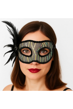 Siyah Renk Yandan Tüylü Pul Payet İşlemeli Parti Maskesi 23x12 Cm&hellip;