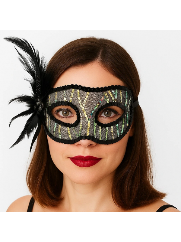 Siyah Renk Yandan Tüylü Pul Payet İşlemeli Parti Maskesi 23x12 Cm&hellip;