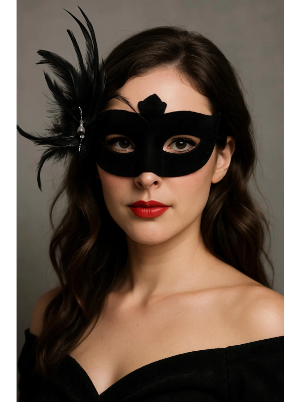 Siyah Renk Yandan Tüylü Süet Kaplama Beyaz İncili Parti Maskesi 18x15 &hellip;