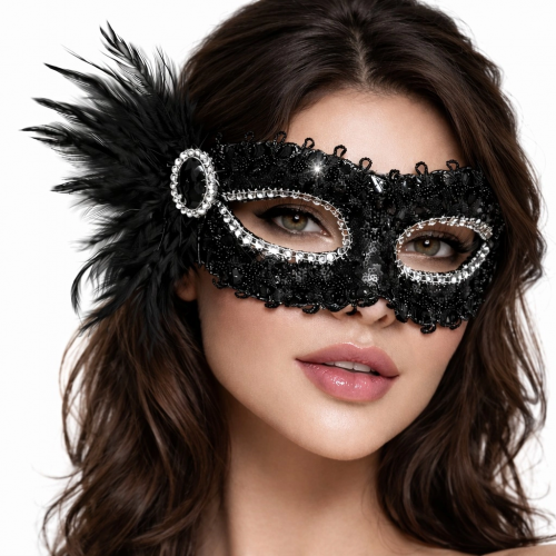 Siyah Taşlı Venedik Parti Maskesi – Tüylü Payetli Siyah Taşlı Venedik Parti Maskesi – Tüylü Payetli