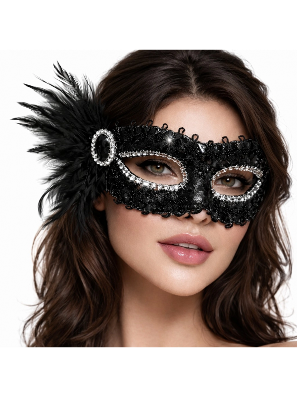 Siyah Taşlı Venedik Parti Maskesi – Tüylü Payetli… Siyah Taşlı Venedik Parti Maskesi – Tüylü Payetli…