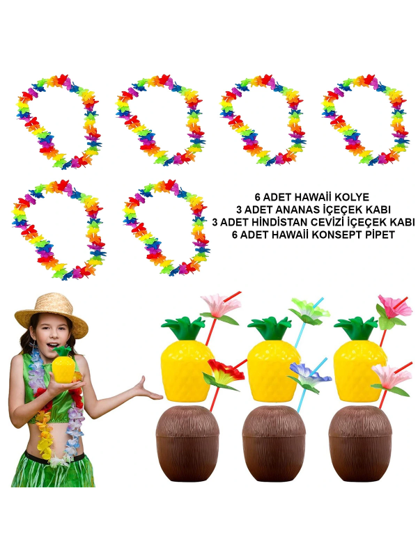 Tropikal Hawaii Parti Malzemeleri – Kolye, Pipet, Bardak Seti&hellip;