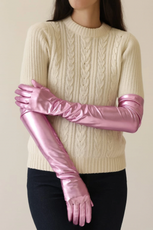 Uzun Boy Ekstra Parlak Saten Eldiven Pembe Renk&hellip;