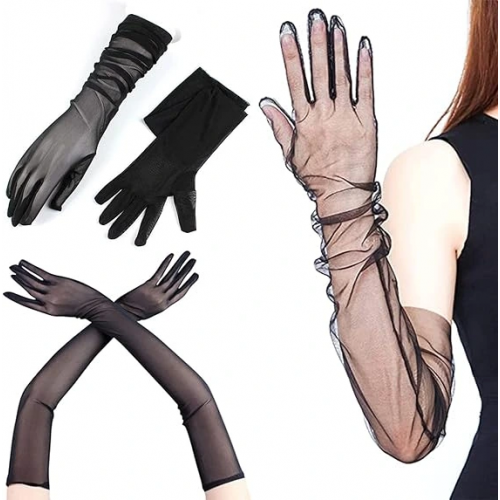 Uzun Boy Likralı Siyah Renk Yetişkin Mega Tül Eldiven 53 Cm