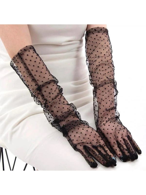 Uzun Boy Siyah Puantiyeli Siyah Renk Yetişkin Tül Eldiven 55 Cm&hellip;