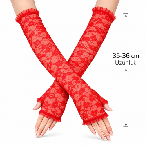 Uzun Zarif Dantel Eldiven Parmaksız Kırmızı 35 Cm Uzun Zarif Dantel Eldiven Parmaksız Kırmızı 35 Cm