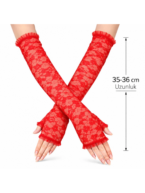 Uzun Zarif Dantel Eldiven Parmaksız Kırmızı 35 Cm&hellip;
