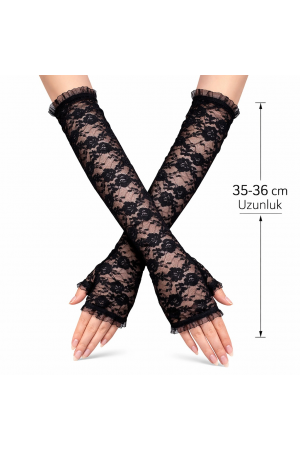 Uzun Zarif Dantel Eldiven Parmaksız Siyah 35 Cm&hellip;