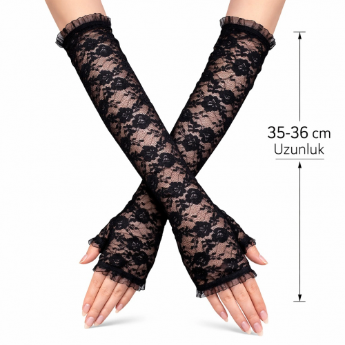 Uzun Zarif Dantel Eldiven Parmaksız Siyah 35 Cm Uzun Zarif Dantel Eldiven Parmaksız Siyah 35 Cm