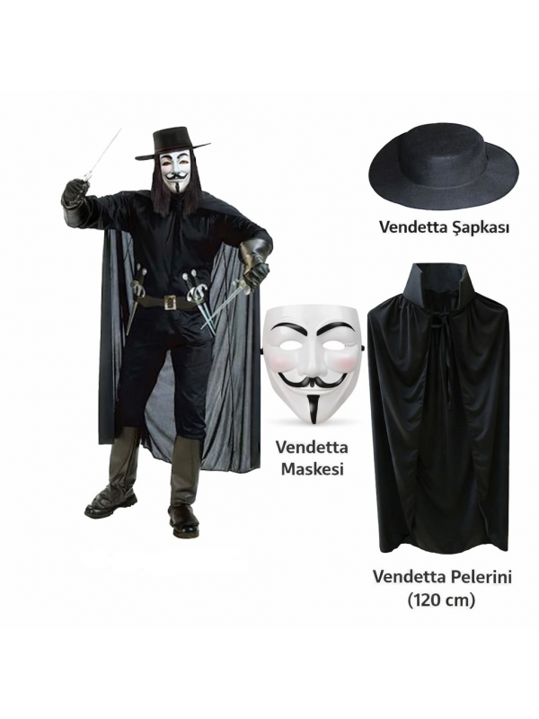 Vendetta Kostüm Seti – Şapka Maske Pelerin (120 Cm)&hellip;