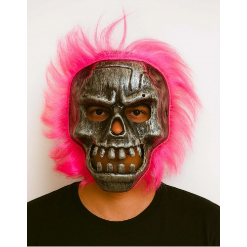 Wild Skull - Gümüş Kafatası Pembe Saçlı İskelet Maske