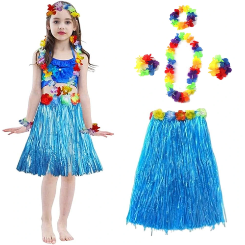 Yetişkin Ve Çocuk Uyumlu Hawaii Luau Aloha Mavi Püsküllü Etek Kolye Taç Ve 2 Adet Bileklik Seti