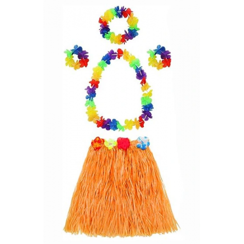 Yetişkin Ve Çocuk Uyumlu Luau Aloha Hawaii Turuncu Etek Ve Renkli Kolye Taç 2 Adet Bileklik Seti