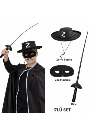 Zorro Kostüm Seti 3’lü Çocuk – Şapka, Maske Ve Kılıç… Zorro Kostüm Seti 3’lü Çocuk – Şapka, Maske Ve Kılıç…