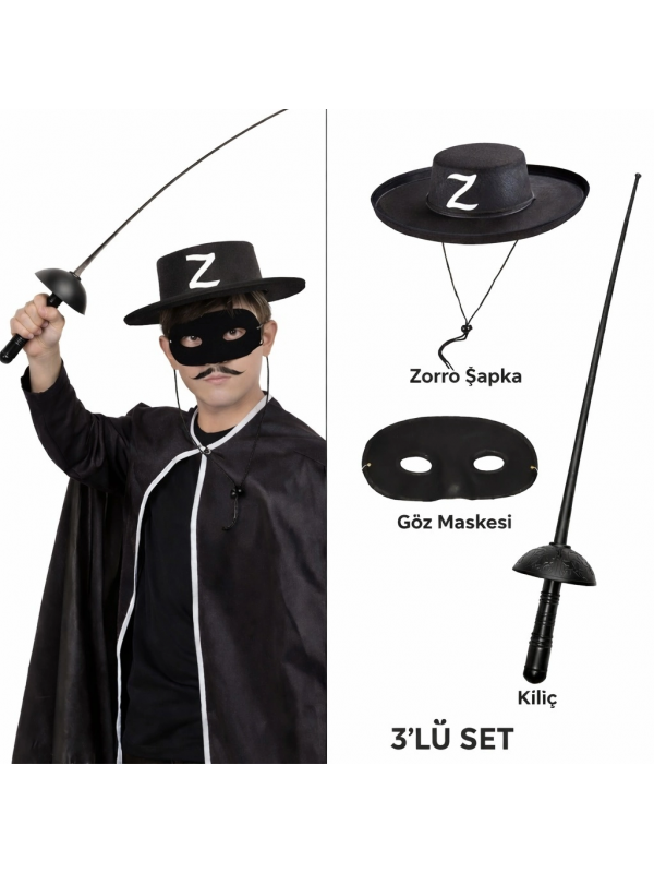 Zorro Kostüm Seti 3’lü Çocuk – Şapka, Maske Ve Kılıç&hellip;