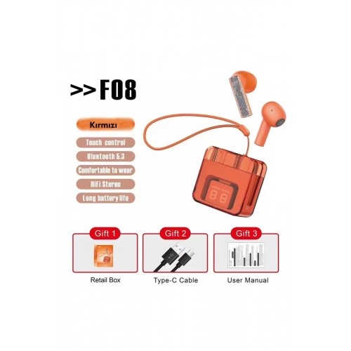 LRZ02 F08 Dijital Şarj Göstergeli TWS Bluetooth Kulaklık - Kırmızı