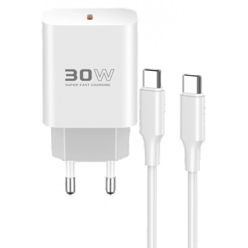 LRZ02 C87C 30W Type-C Çıkışlı Ekstra DL51 1M Type-C to Type-C Kablolu PD Şarj Cihazı - Beyaz