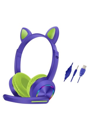 LRZ02 AKZ020 Kafa Üstü Işıklı Kedi Kulaklık - Mor