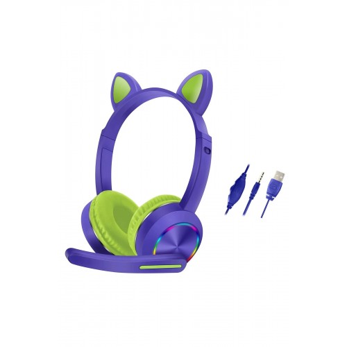 LRZ02 AKZ020 Kafa Üstü Işıklı Kedi Kulaklık - Mor
