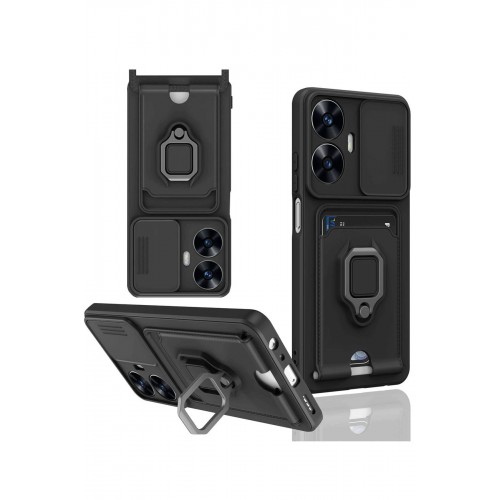 LRZ02 Realme C55 Kılıf Zuma Kartvizitli Yüzüklü Silikon - Siyah