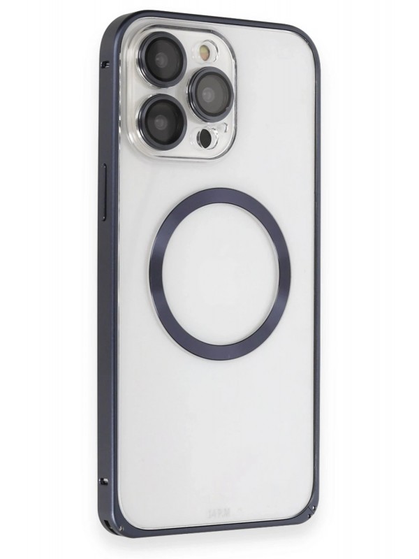 LRZ02 iPhone 15 Pro Kılıf Metal Bumper Magneticsafe Kapak - Lacivert&hellip;