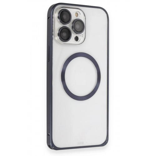 LRZ02 iPhone 15 Pro Max Kılıf Metal Bumper Magneticsafe Kapak - Lacivert