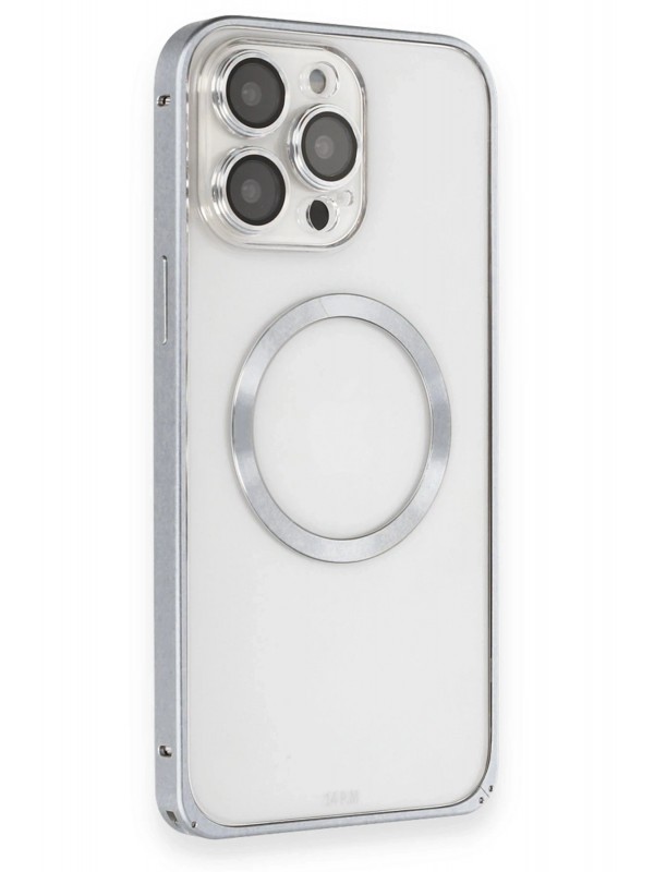 LRZ02 iPhone 15 Pro Kılıf Metal Bumper Magneticsafe Kapak - Gri&hellip;