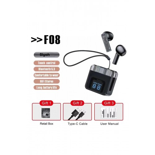 LRZ02 F08 Dijital Şarj Göstergeli TWS Bluetooth Kulaklık - Siyah
