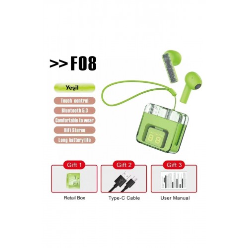 LRZ02 F08 Dijital Şarj Göstergeli TWS Bluetooth Kulaklık - Yeşil