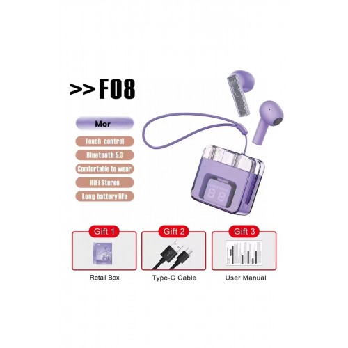 LRZ02 F08 Dijital Şarj Göstergeli TWS Bluetooth Kulaklık - Mor