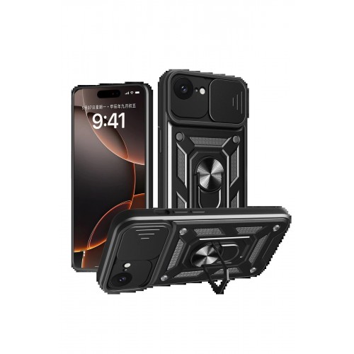 LRZ02 iPhone 16E Kılıf Pars Lens Yüzüklü Silikon - Siyah