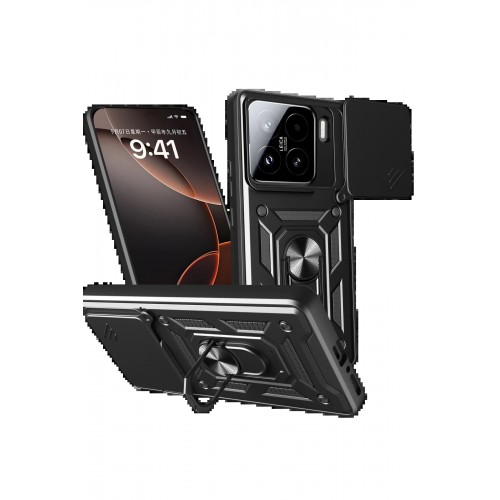 LRZ02 Xiaomi Mi 15 Kılıf Pars Lens Yüzüklü Silikon - Siyah