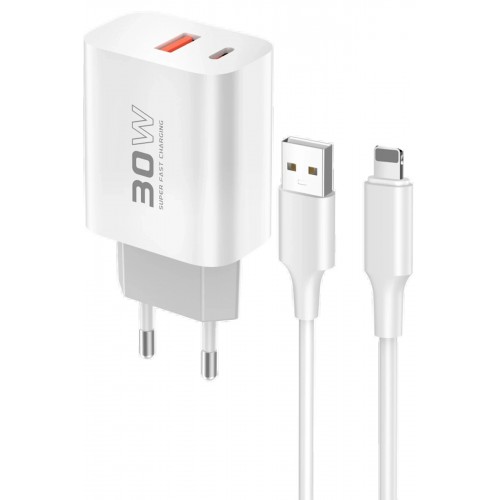 LRZ02 C89Q 1 Adet 30W Type-C ve 1 Adet 22.5W USB Çıkışlı Ekstra DL48 1M USB to Lightning Kablolu PD Şarj Cihazı - Beyaz