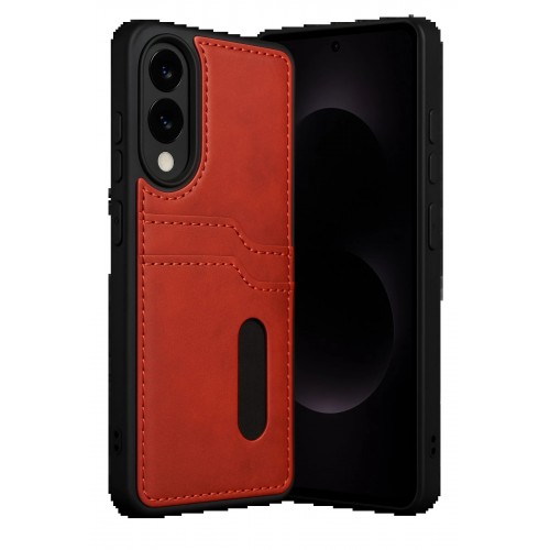 LRZ02 Samsung Galaxy S25 Edge Sara Kartvizitli Deri Kılıf - Kırmızı