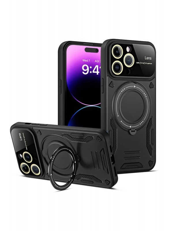 LRZ02 iPhone 15 Pro Kılıf Joy Lens Standlı Kapak - Siyah&hellip;