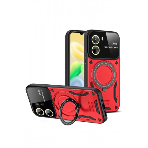 LRZ02 Vivo Y16 Kılıf Joy Lens Standlı Kapak - Kırmızı