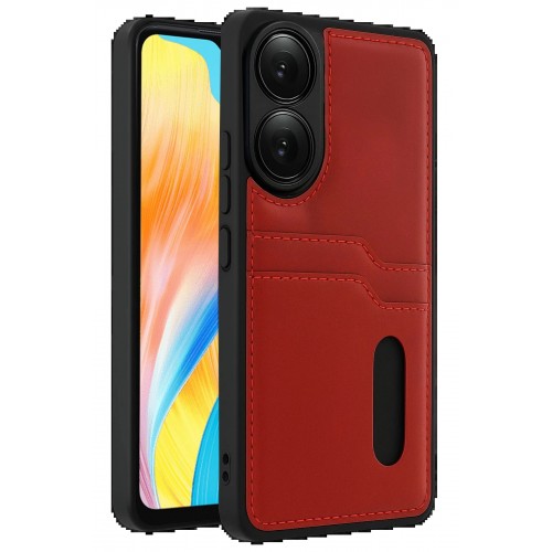 LRZ02 Oppo A38 Sara Kartvizitli Deri Kılıf - Kırmızı