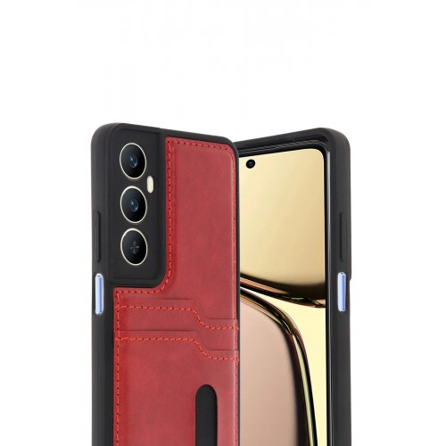LRZ02 Realme C65 Sara Kartvizitli Deri Kılıf - Kırmızı