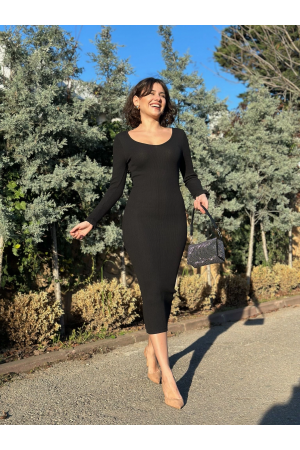 V yaka Uzun kollu midi boy elbise siyah&hellip;