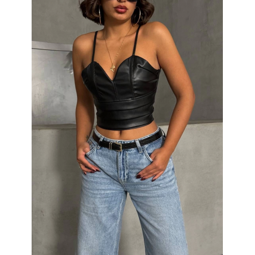 İp askılı yandan fermuarlı rastale deri crop siyah