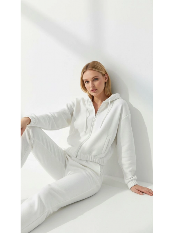 3 iplik şardonlu Kapşonlu fermuarlı kısa üst beyaz pat8590&hellip;