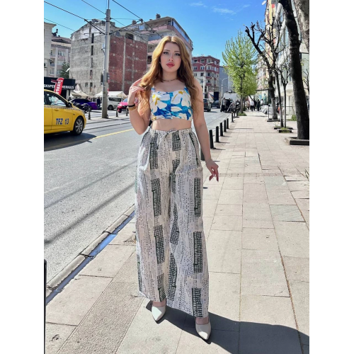 Baskılı Bağcıklı keten pantolon