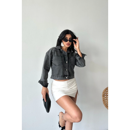 Çift cepli kol katlamalı süper taş enzim yı crop kot ceket füme Çift cepli kol katlamalı süper taş enzim yı crop kot ceket füme