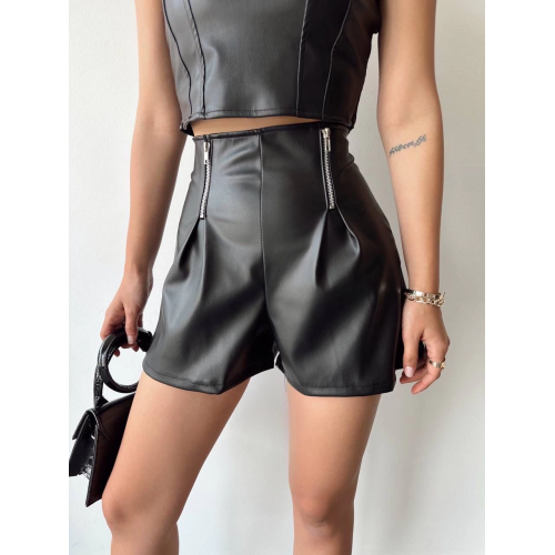 Çift fermuarlı deri şort h24394