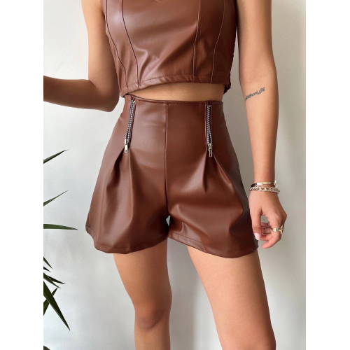 Çift fermuarlı deri şort kahve h24394