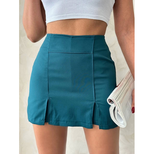 Çift yırtmaçlı atlas şort etek petrol yeşili s240364