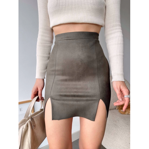 Çift yurtmaçlı süet etek haki