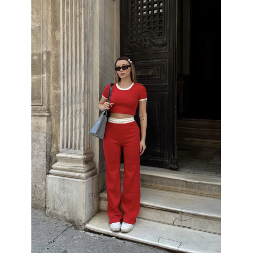 Crop pantolon biyeli takım kırmızı
